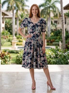 VTG 80s Navy & Pink Floral Puff Sleeves Cotton Dress Sz 9 Fits S Cottagecore